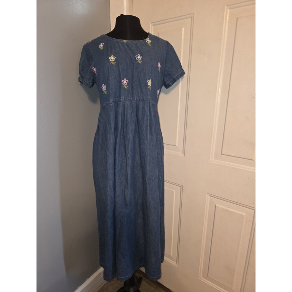 Vtg 90s Floral Embroidered Denim Jumper Dress True Blue Pastel Flowers Tie M